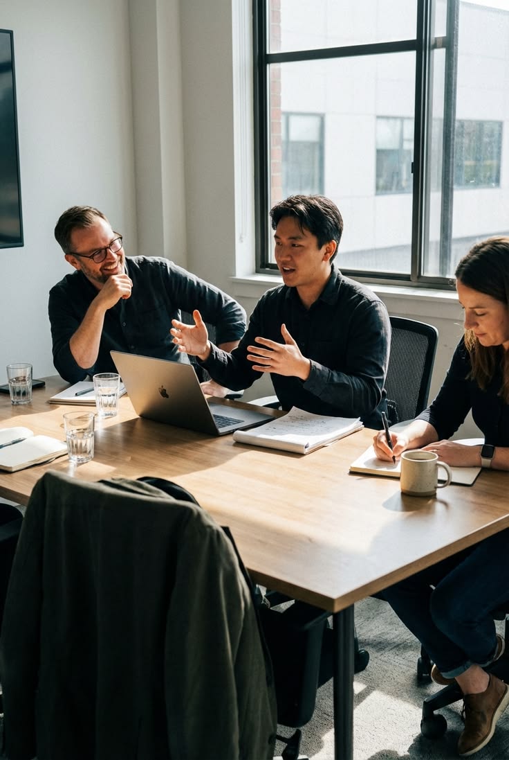 People discussing notes around a meeting table