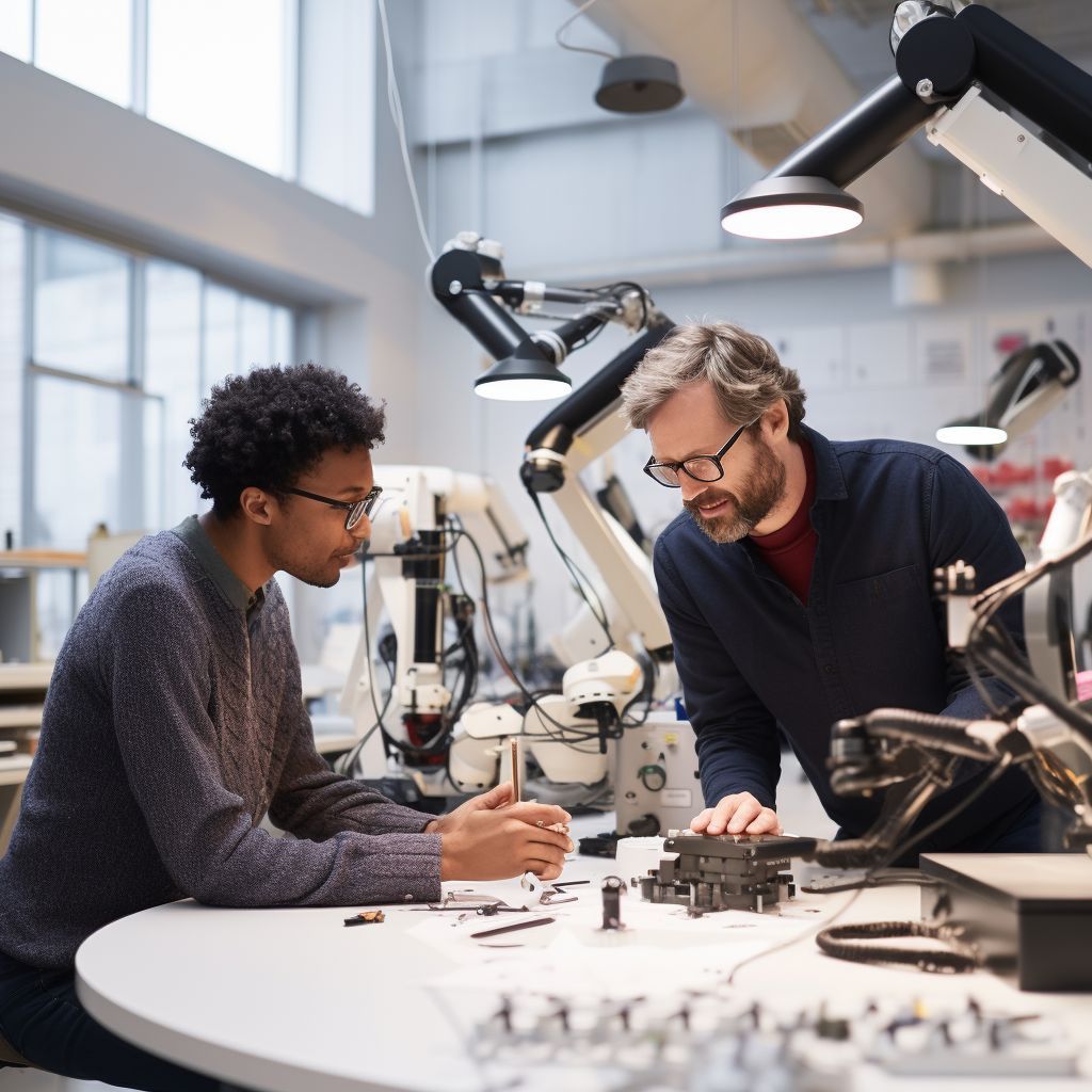 Two people working at a lab table with technical equipment