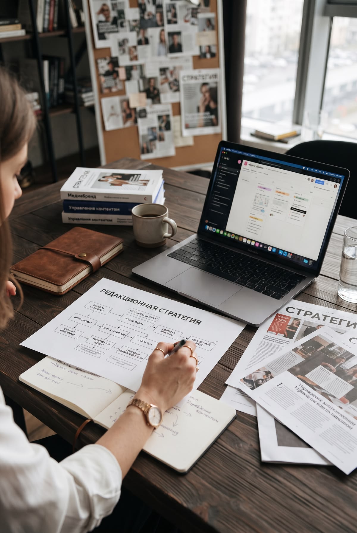 Workspace with a laptop, notes, and planning documents