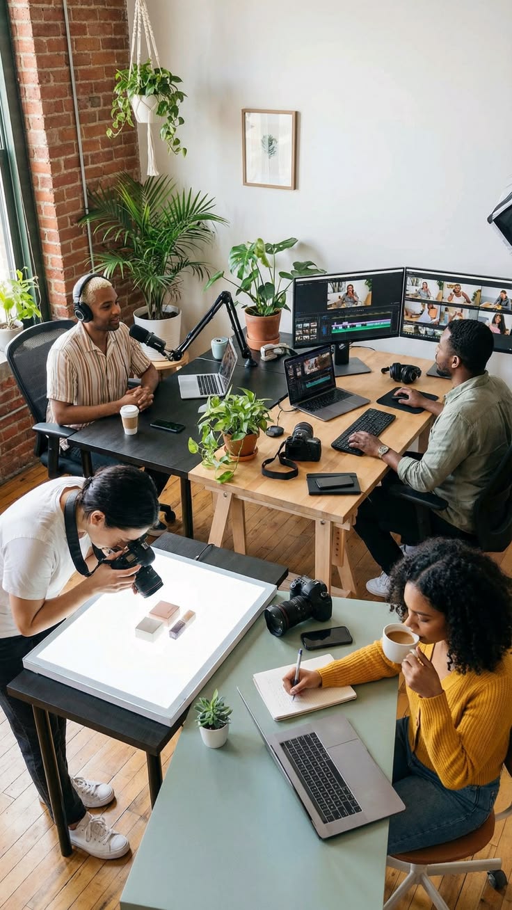 Creative workspace with cameras, laptops, and video editing screens