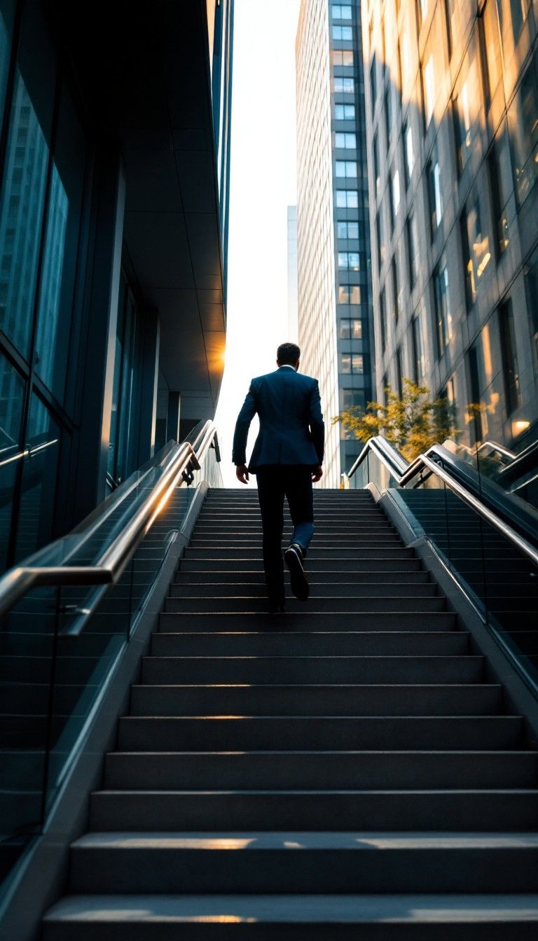 Person walking up outdoor stairs between office buildings