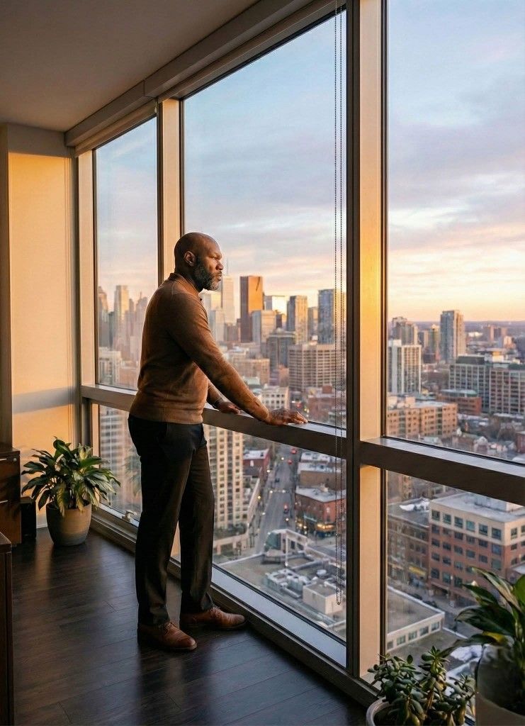 Person looking out a window over a city
