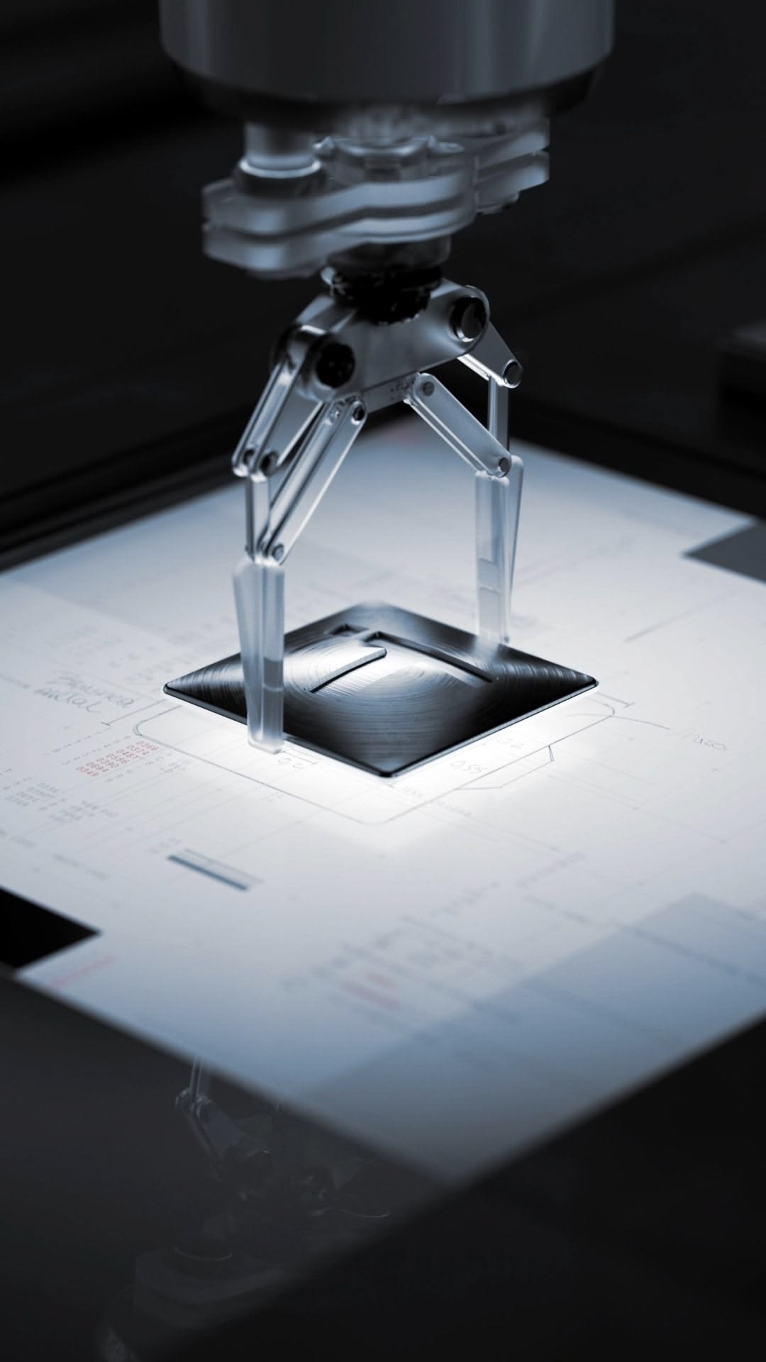 Mechanical tool positioned over technical drawings