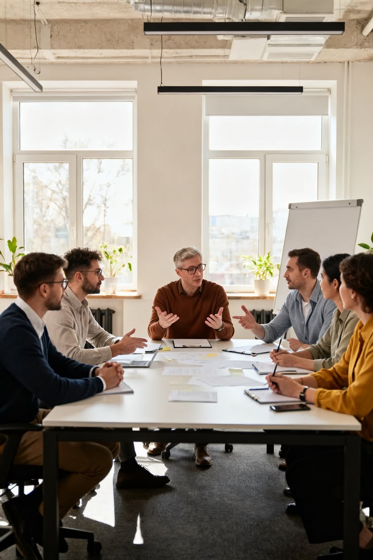 Team meeting around a conference table with a whiteboard