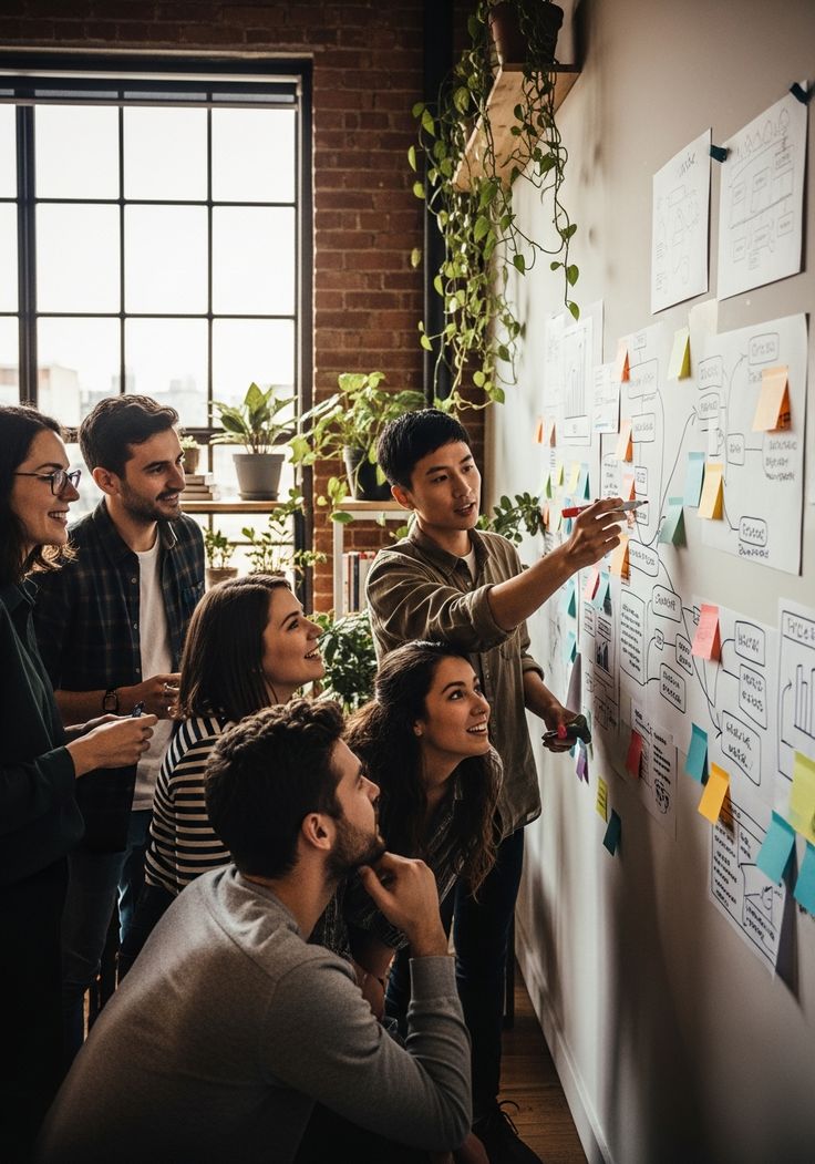 Team reviewing sticky notes and diagrams on a wall